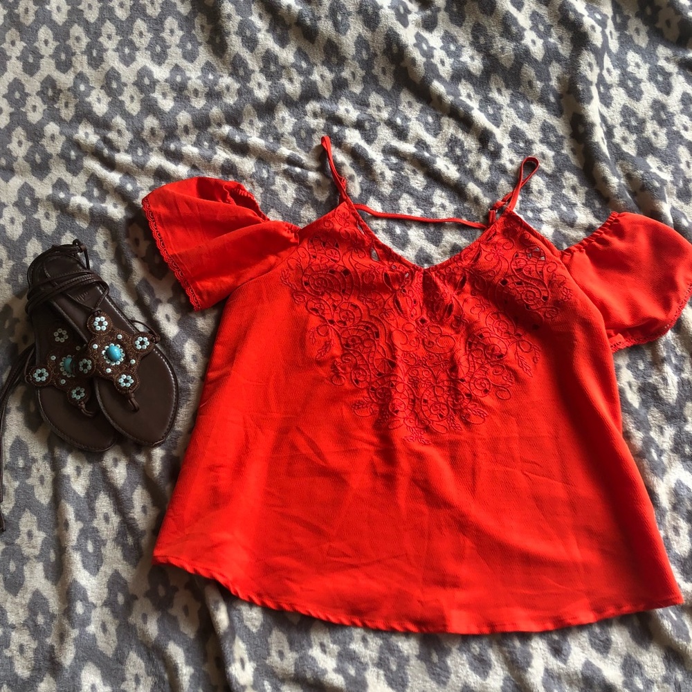 love on a hanger Red Cold Shoulder Embroidered Top